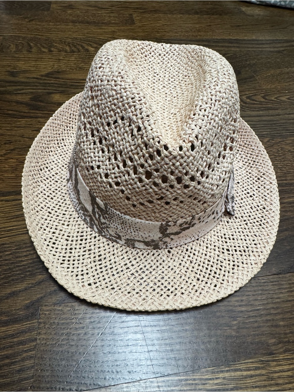 H&M Woven Straw Fedora with Patterned Band in Light Pink, Size: M/56